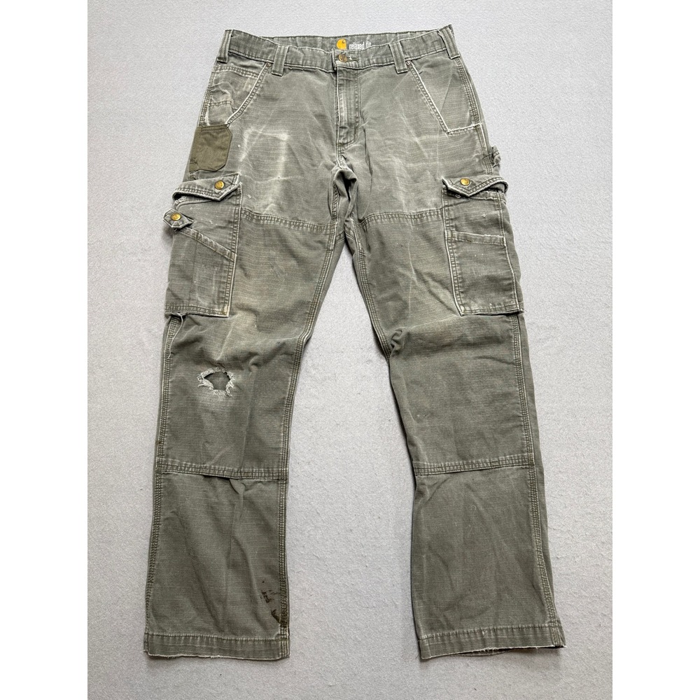 Carhartt Cargo Pants Mens 34x31 Olive Green Double Knee Ripstop Workwear Utility